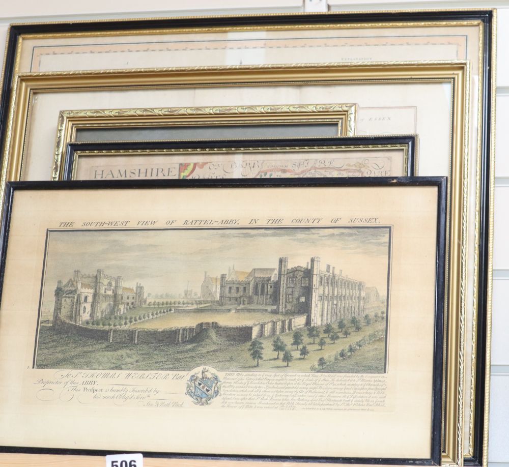 A group of assorted prints including maps of Blackheath, Sussex, Hamshire and Pontefract (7)